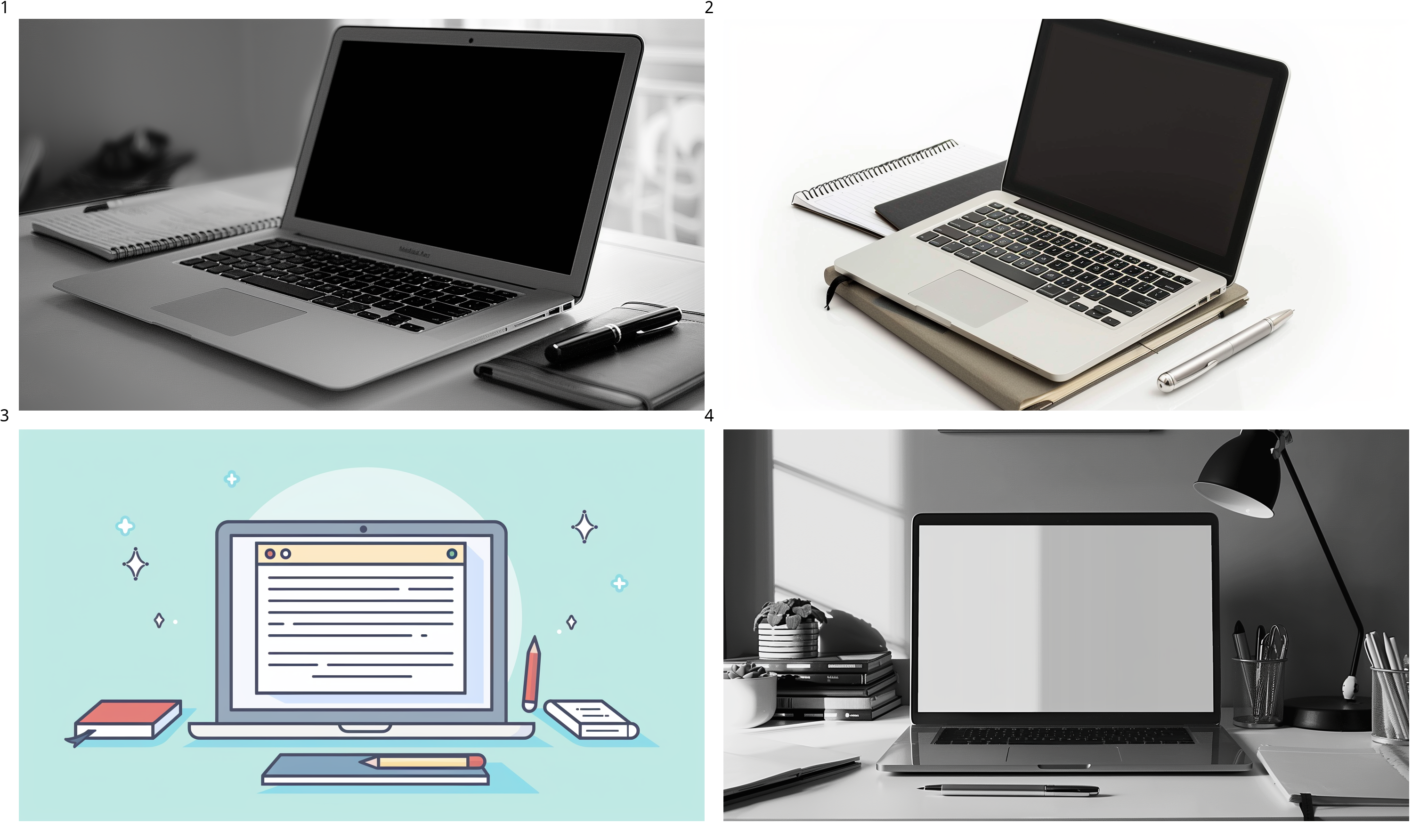 Open laptop with a blank text editor, accompanied by a stylish pen and notepad, emphasizing crafting a company description.