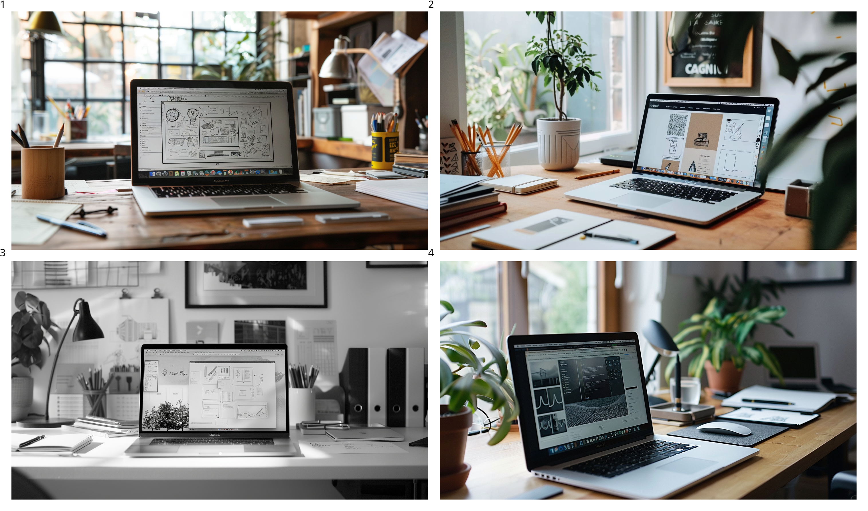 A modern workspace featuring a laptop displaying a design tool, surrounded by minimalistic branding sketches and neatly arranged stationery, conveying a professional yet creative branding process.