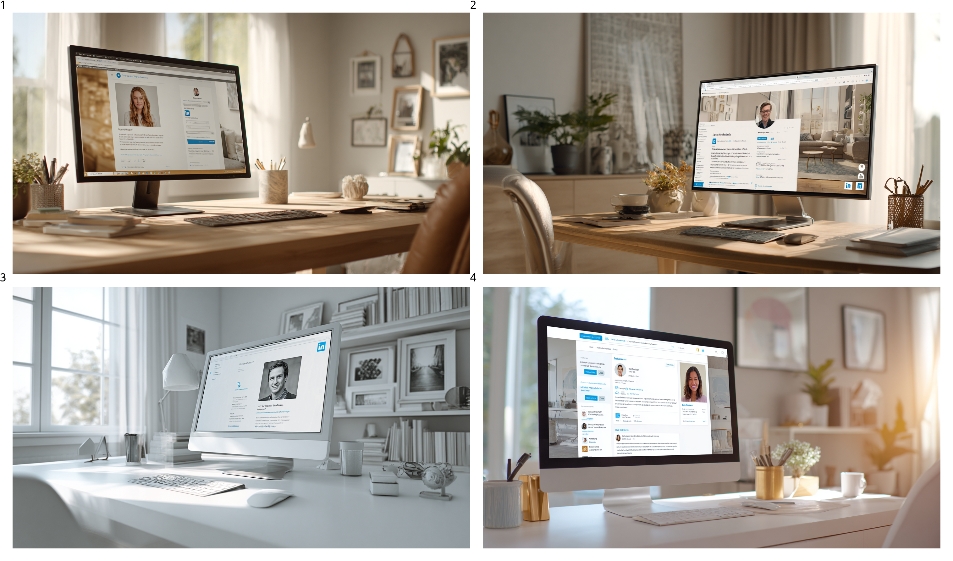 LinkedIn profile with AI-generated professional headshot on a computer screen in a minimalist home office, suitable for career networking
