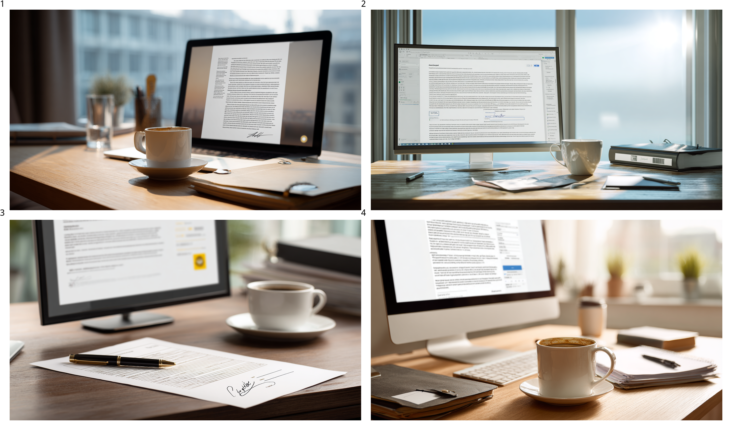 Signed digital document on desktop screen with coffee and folder, portraying remote work and secure electronic signature process