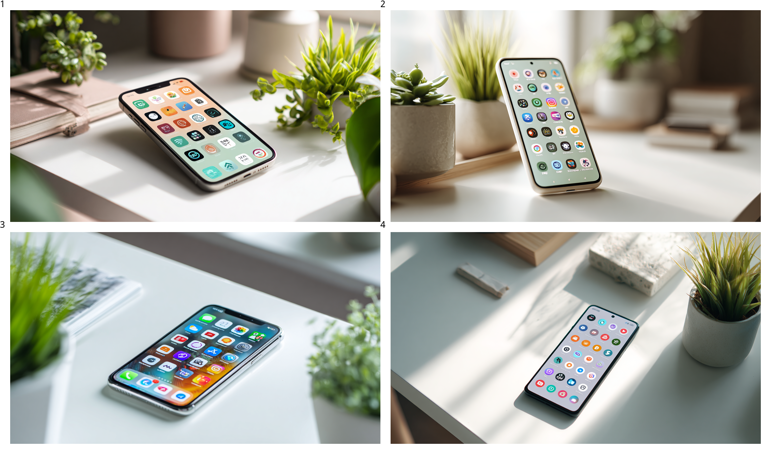 Colorful AI-generated app icons on smartphone screen in minimal IOS workspace, highlighting watermark-free design options