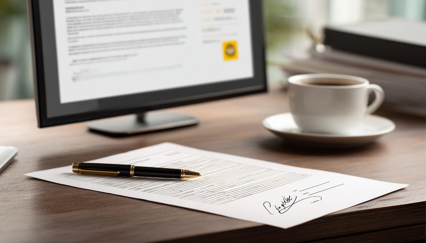 Signed digital document on desktop screen with coffee and folder, portraying remote work and secure electronic signature process