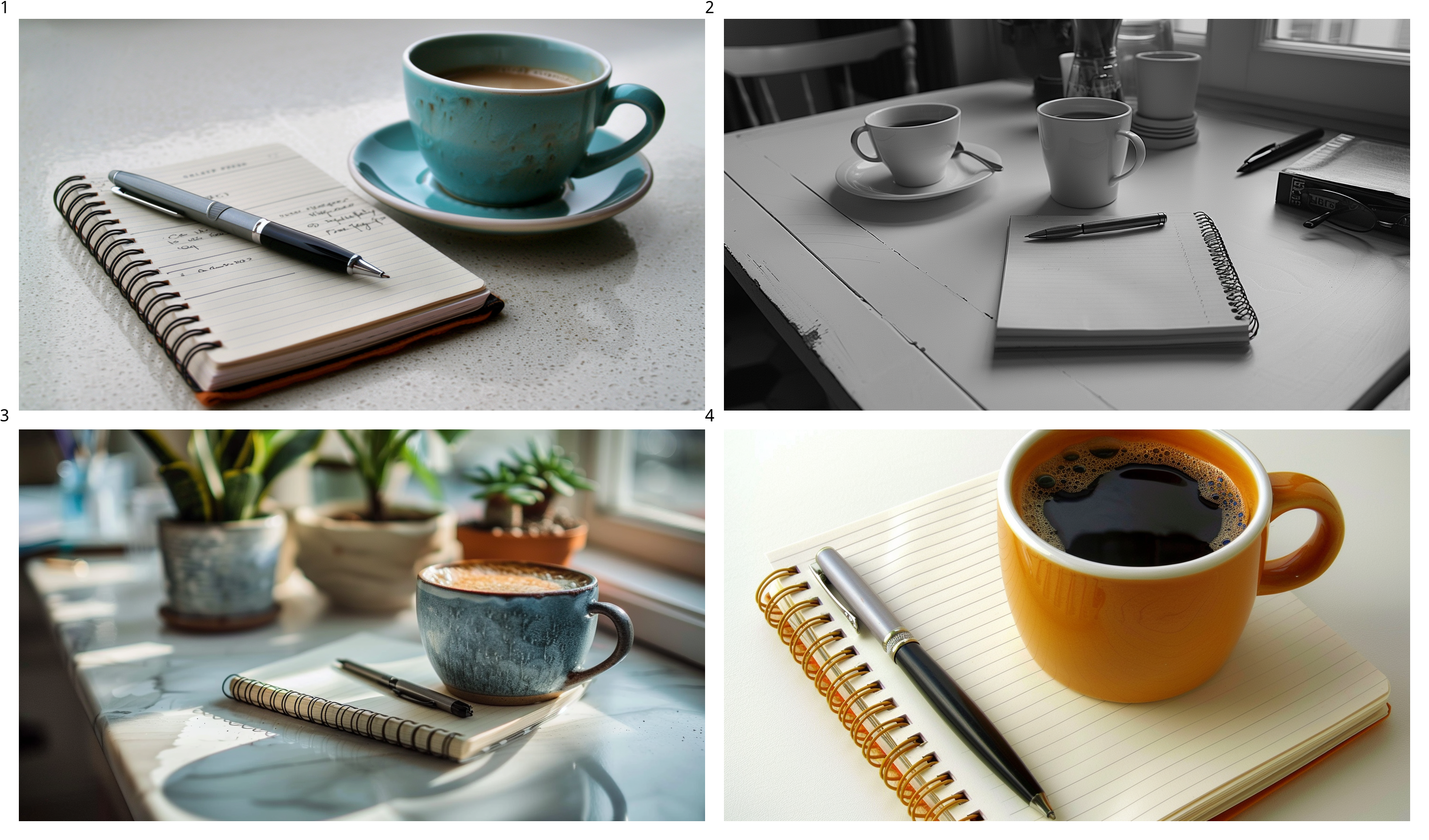 Organized white desk with a notebook, pen, and coffee cup, illustrating a brainstorming session for selecting a business name.