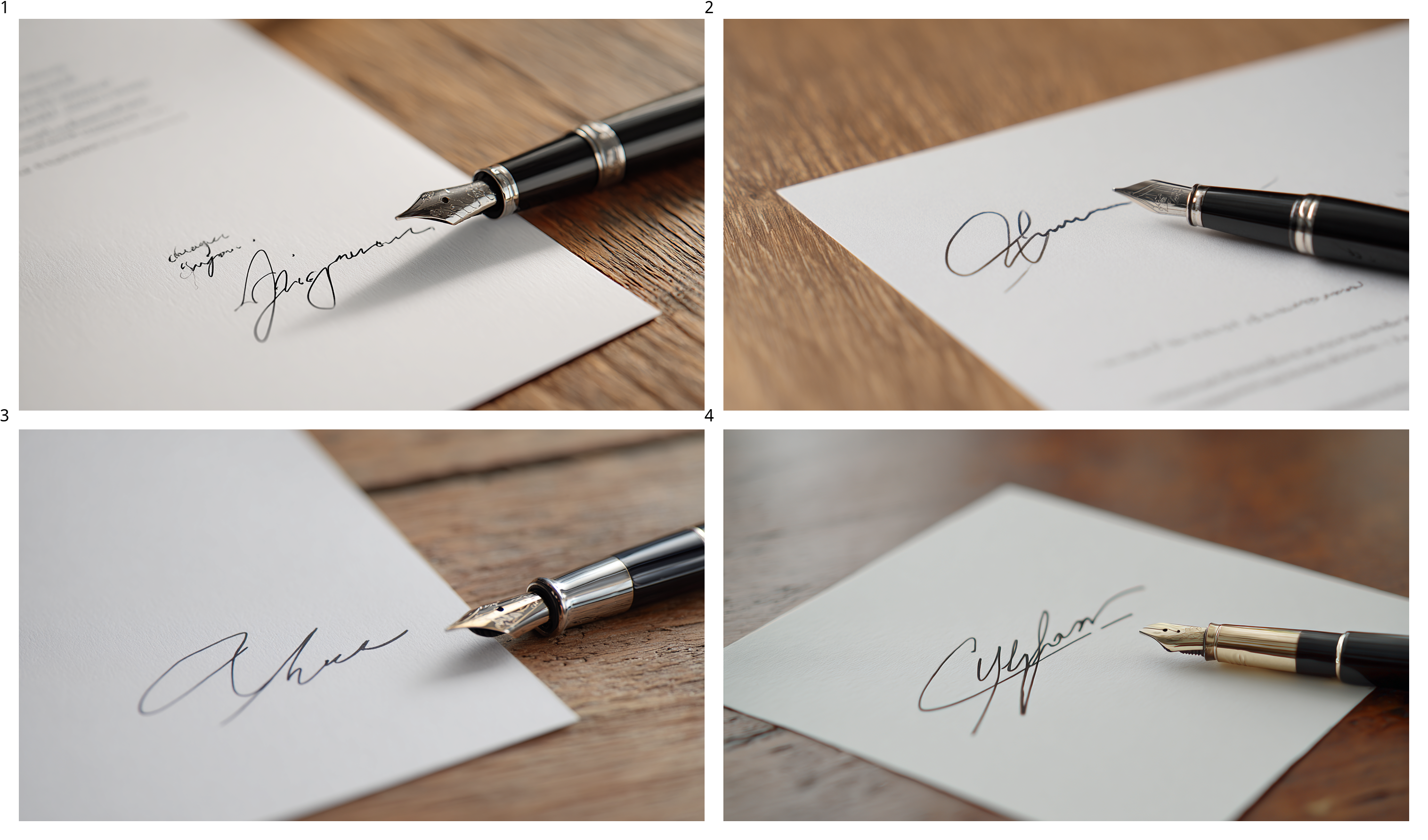 Elegant handwritten signature on white paper with fountain pen, showcasing professional signature ideas for personal branding