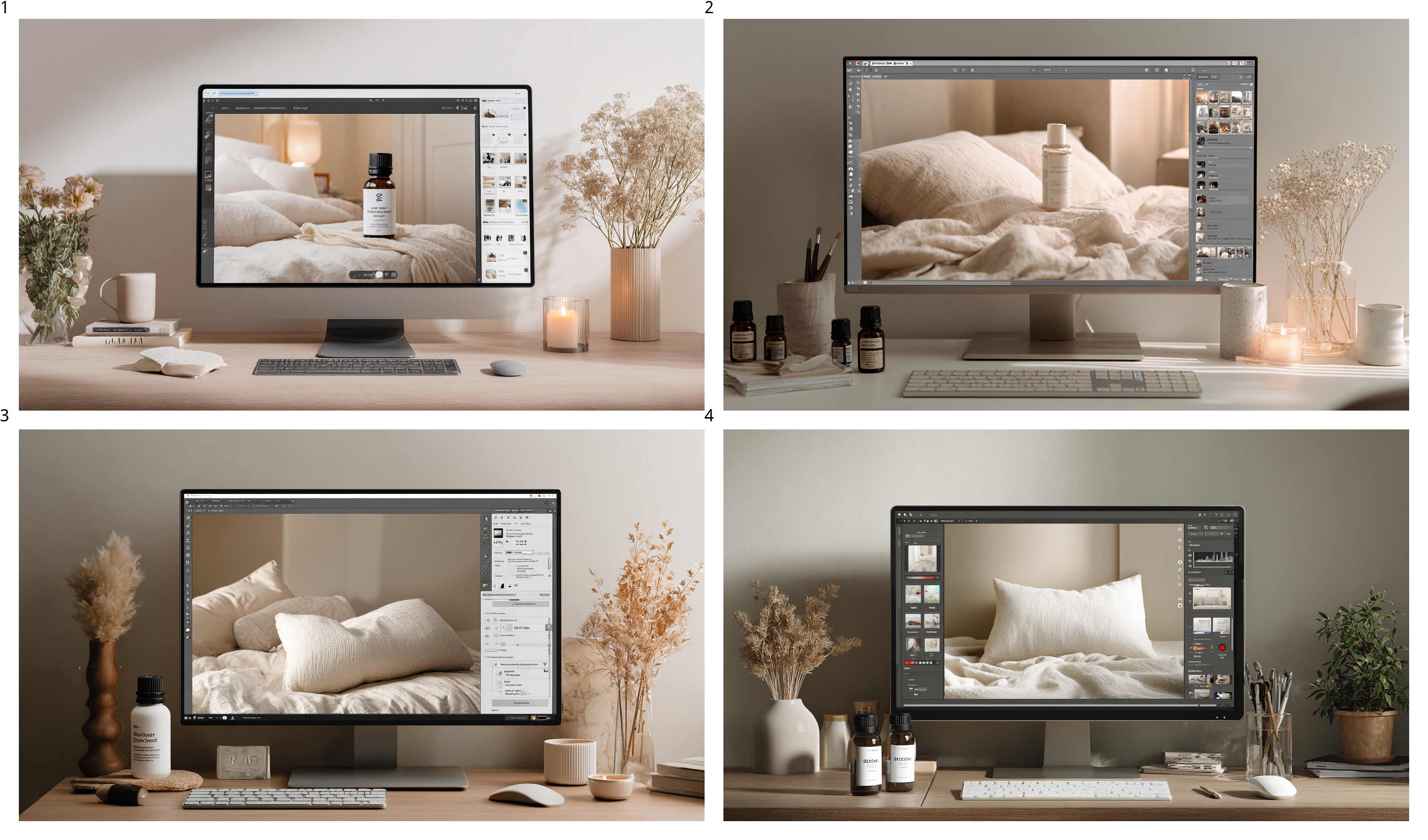AI background generator editing a white pillow photo on a tidy desktop, adding cozy bedroom backdrop for product photography